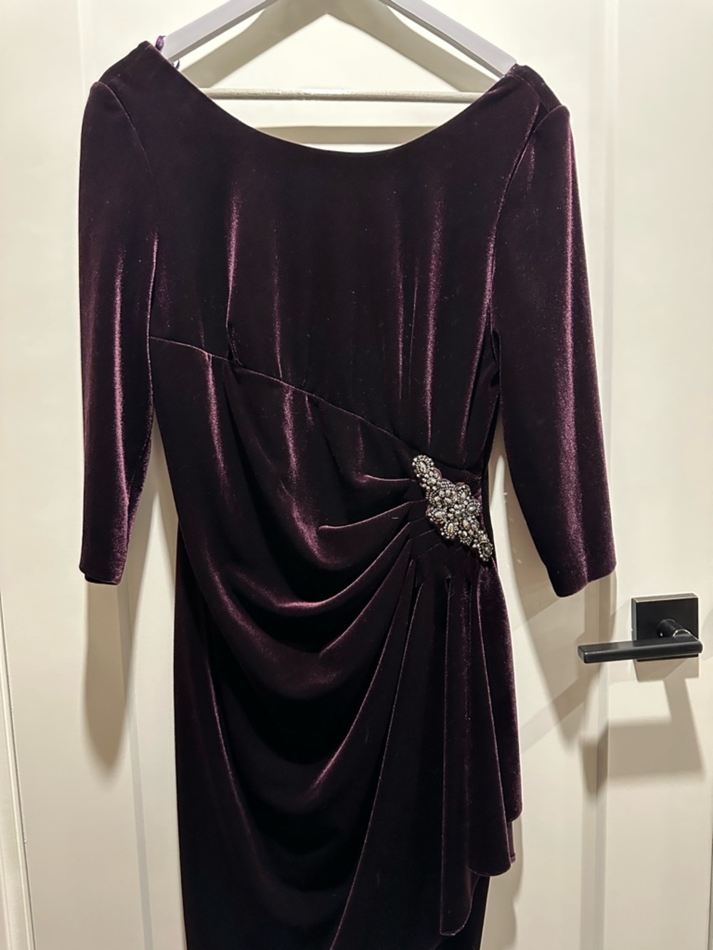 Alex Evenings Plum Velvet Draped Evening Dress with Embellished Waist